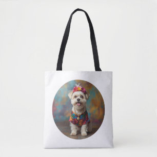 Bold Folk Art Self-Portrait Maltese Tote Bag