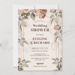 Bold font boho arch vintage roses sage green invitation