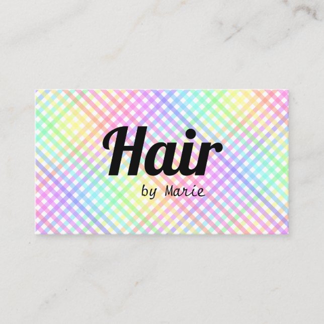 Bold Font Trendy Pastel Rainbow Plaid Hairdresser Business Card (Front)