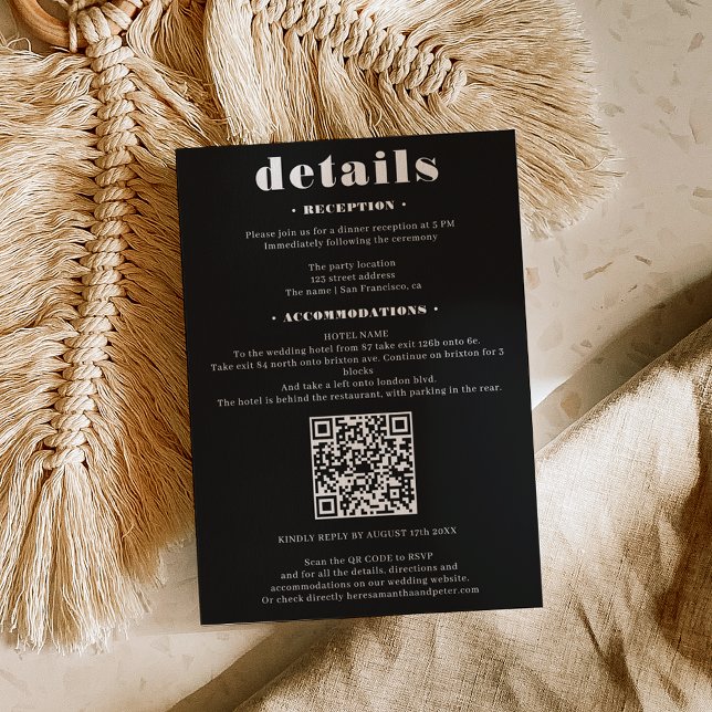 Bold font wedding details Qr code modern black Enclosure Card (Bold font wedding details Qr code modern black Enclosure Card)