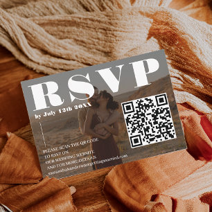Bold font wedding rsvp Qr code 2 photos black Enclosure Card