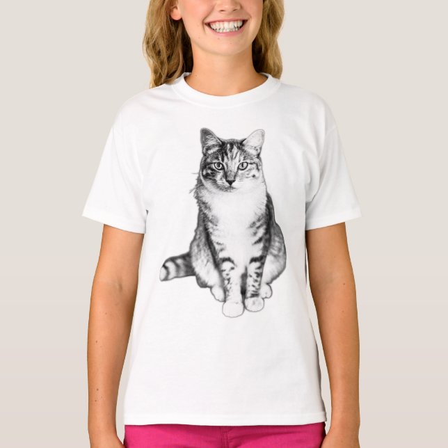Bold Front View Tabby Cat Ink Illustration T-Shirt (Front)