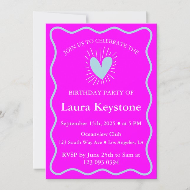 Bold Fuchsia & Light Blue Birthday Invitation (Front)