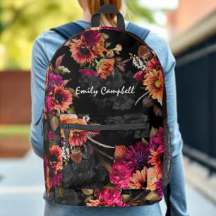 Bold Fuchsia Orange Floral Monogram Printed Backpack