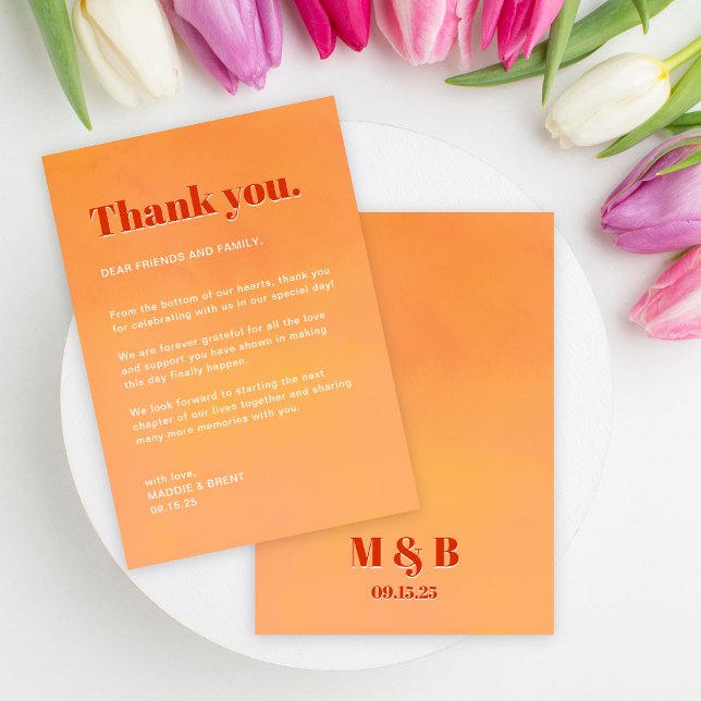 Bold Fun Modern Orange Sunset Monogram Wedding Thank You Card (Creator Uploaded)