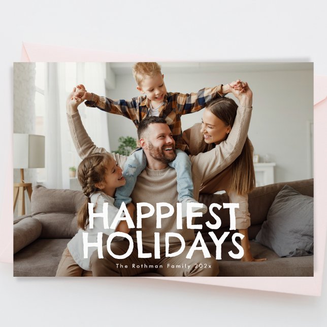 Bold Fun White Typography Photo HAPPIEST Christmas Holiday Card (Creator Uploaded)