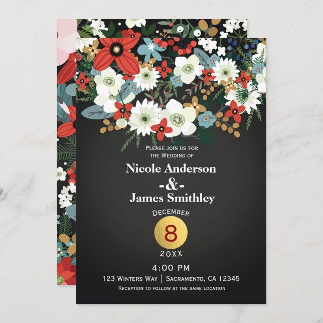 Bold Funky Colourful Floral Dark Chic Wedding Invitation (Front/Back)