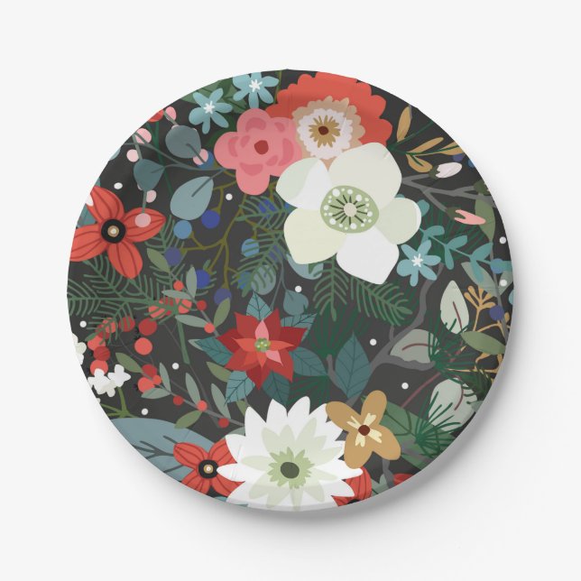 Bold Funky Colourful Floral Dark Chic Wedding Part Paper Plate (Front)