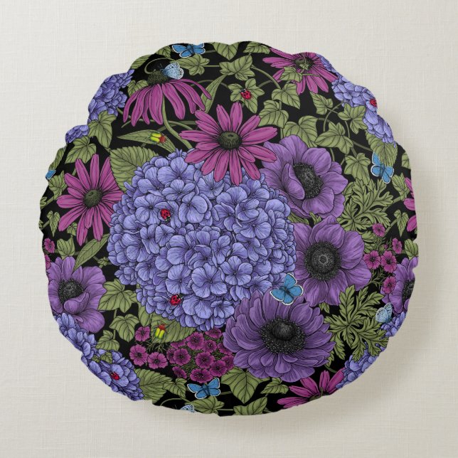Bold garden florals round cushion (Front)