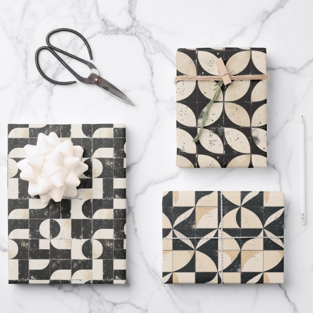  Bold Geometric Abstract Pattern – Black & Cream Wrapping Paper Sheet (Front)