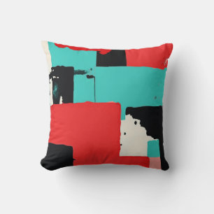 Bold Geometric Abstract Red, Black, Teal and White Cushion