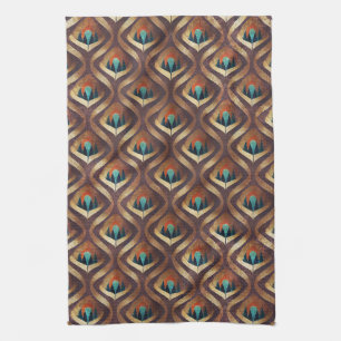 Bold Geometric Art Deco in Teal and Brown Tones Tea Towel