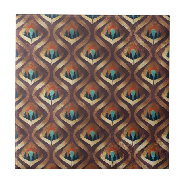 Bold Geometric Art Deco in Teal and Brown Tones Tile (Front)