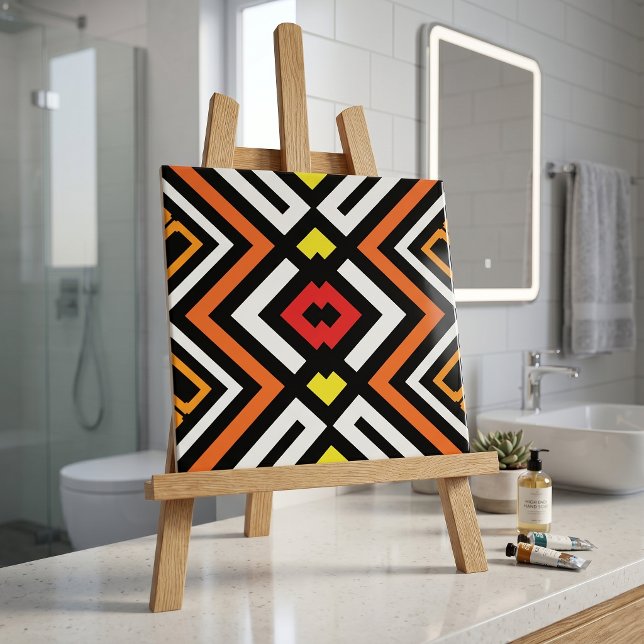 Bold Geometric Aztec Orange Black Chevron Pattern Tile (Creator Uploaded)