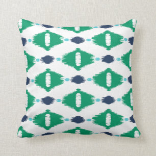 Bold geometric green and navy tribal ikat print cushion