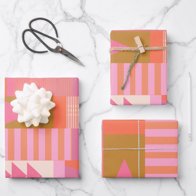 Bold Geometric Pattern in Pink and Orange  Wrapping Paper Sheet (Front)