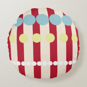Bold Geometric Red Stripes & Colourful Dots Round Cushion