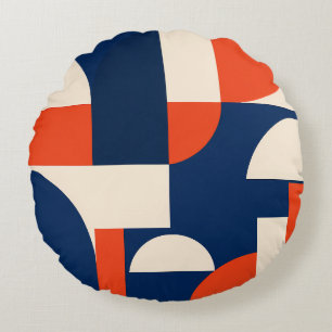 Bold Geometric Shapes in Navy Orange and Dark Blue Round Cushion