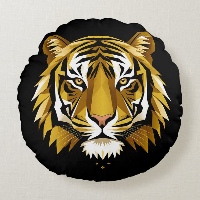 Bold Geometric Tiger Portrait With Abstract Golden Round Cushion (Front)