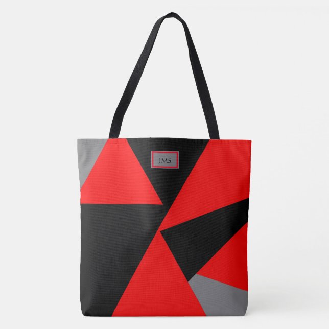 Bold Geometrics, Black, Red, Grey Monogrammed Tote Bag (Front)