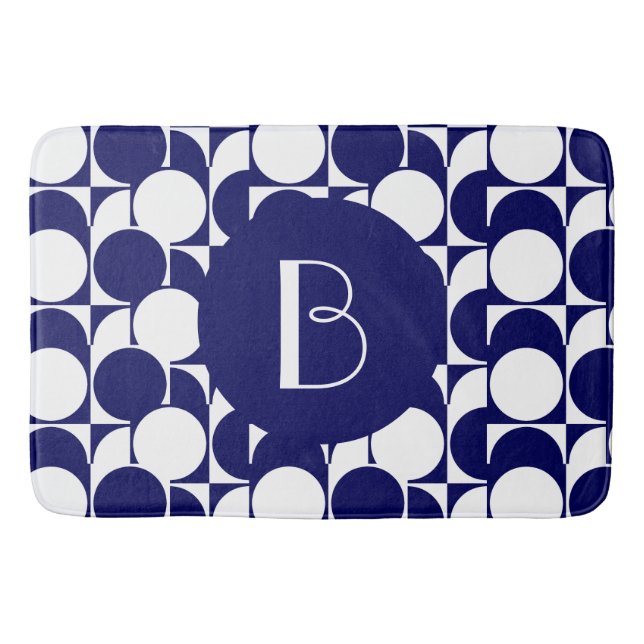 Bold Geometrics w Monogram, Navy & White Bath Mat (Front)