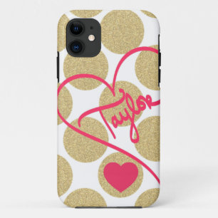 Bold Glitter Gold Dots Heart and Handwritten Name iPhone 11 Case