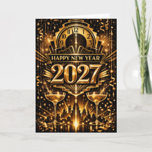 Bold Gold Art Deco City New Year 2027 Holiday Card