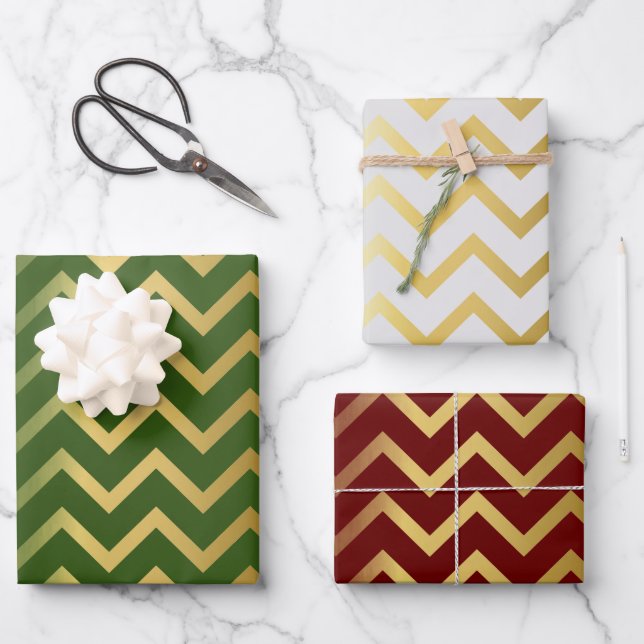 Bold Gold Chevron Holiday Trio Wrapping Paper Sheet (Front)