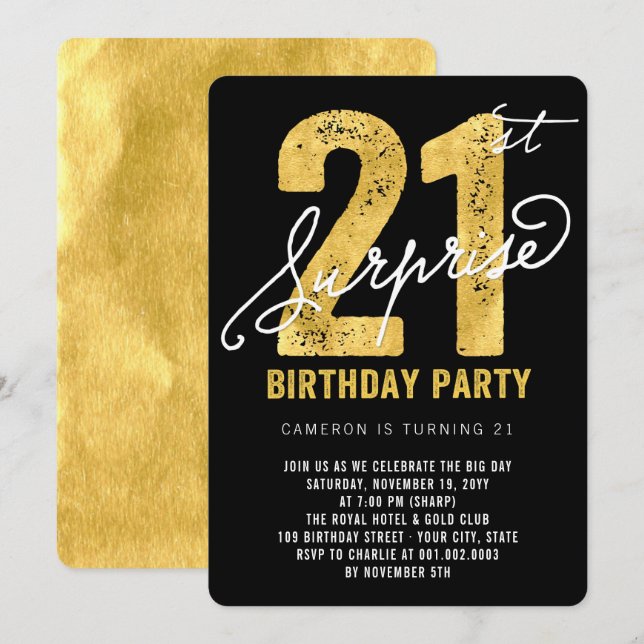 Bold Gold Foil Surprise 21st Birthday Party Invite (Front/Back)