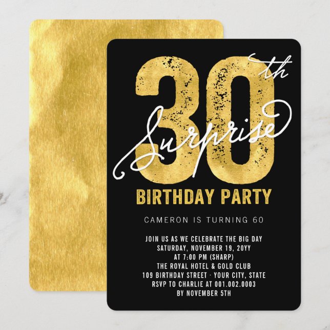 Bold Gold Foil Surprise 30th Birthday Party Invite (Front/Back)