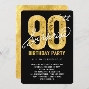 Bold Gold Foil Surprise 90th Birthday Party Invite
