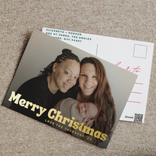 Bold Gold Fun Merry Christmas Heart Family Photo Foil Holiday Postcard (Creator Uploaded)