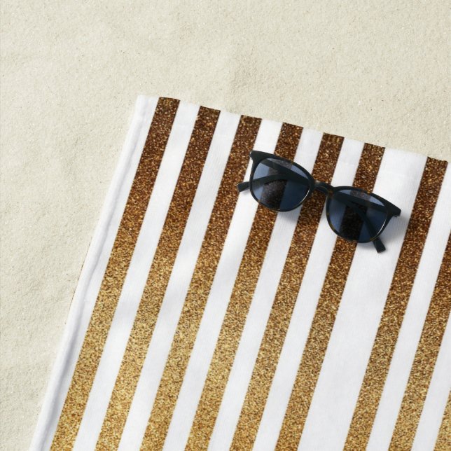 Bold gold glitter and white stripes beach towel (In Situ)