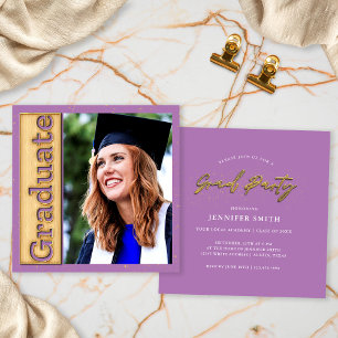 Bold Gold Lavender Photo Graduation Graduate Party Invitation