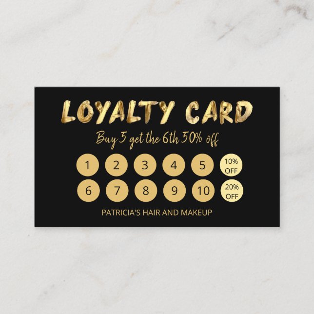 Bold Gold Makeup Artist Hair Salon 10 Loyalty Card (Front)