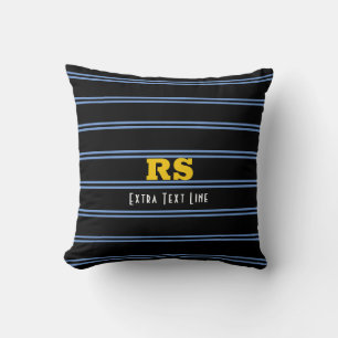 Bold Gold Monogram, Name, Blue Lines on Black Cushion