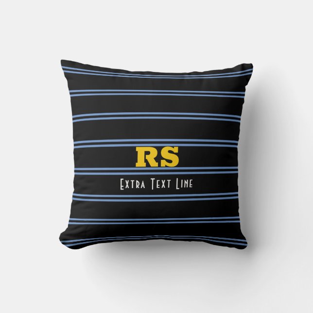 Bold Gold Monogram, Name, Blue Lines on Black Cushion (Front)