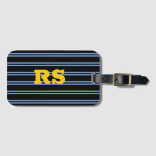 Bold Gold Monogram, Name, Blue Lines on Black Luggage Tag