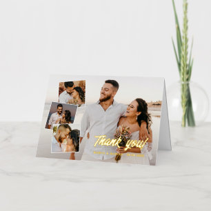 Bold Gold Script Wedding Photo Collage Thank You Foil Greeting Card