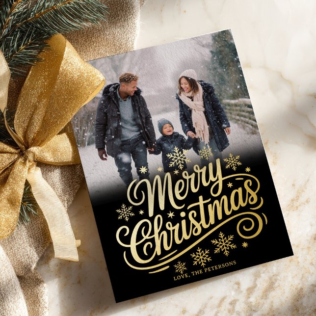 Bold Gold Snowflakes Script Merry Christmas Photo Foil Holiday Card (Bold Gold Snowflakes Script Merry Christmas Photo Foil Holiday Card)
