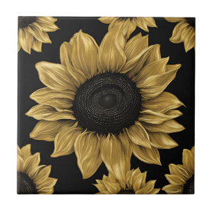 Bold Gold Sunflower on Black Tile