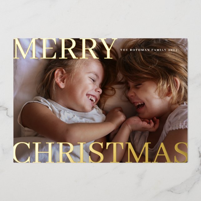 Bold Gold Typography 5 Photo Merry Christmas Foil Holiday Card (Front)