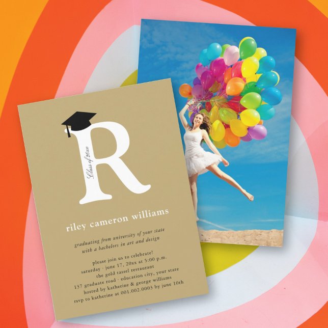 Bold Gold Typography Initial 'R' Graduation Cap Invitation (Creator Uploaded)