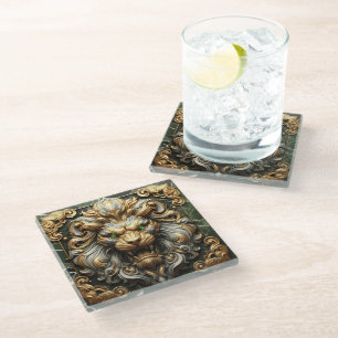 Bold Golden Lion with Fierce Expression Glass Coaster