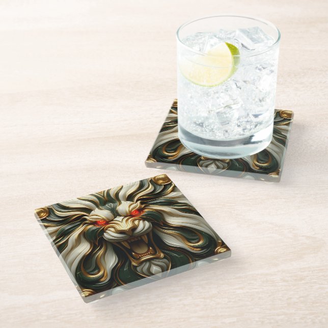 Bold Golden Lion with Fiery Gaze Glass Coaster (Angled)