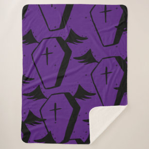 Bold Gothic Black and Purple Bat Wing Coffin Sherpa Blanket