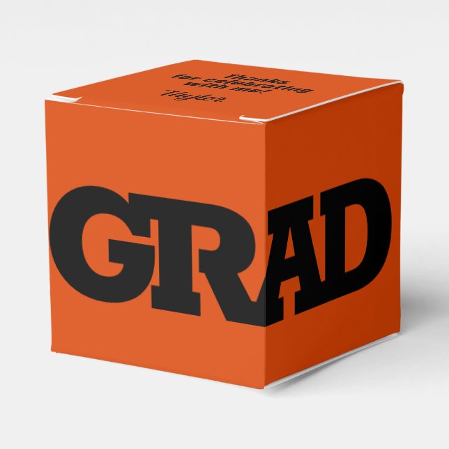Bold GRAD Black and Orange Graduation Party Favour Box (Front Side)