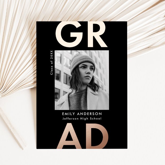 Bold Grad Black and Rose Gold Photo Graduation (Creator Uploaded)