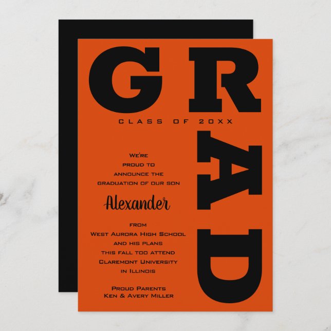Bold GRAD Black on Orange Graduation  Announcement (Front/Back)