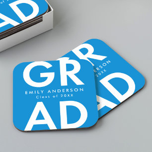 Bold Grad Blue Graduation Party Square Paper Coaster